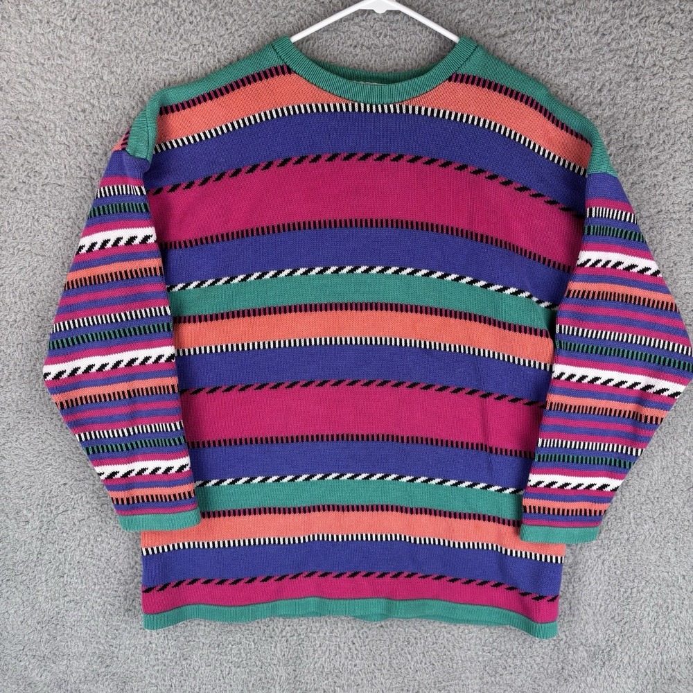 Vintage Capezio Sweater Womens Large Stripe Cotton Knit 90s Made USA
